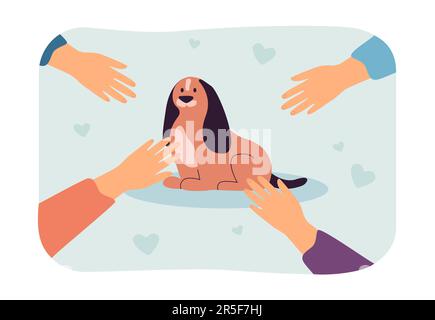 Hände von verschiedenen Seiten, die nach dem Hund in der Mitte greifen Stock Vektor