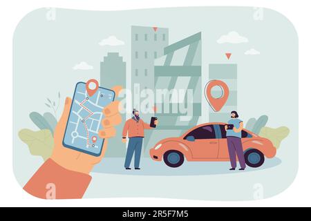 Männliche und weibliche Figuren, die auf der Straße in der Nähe von Autos stehen, mit Telefonen Stock Vektor