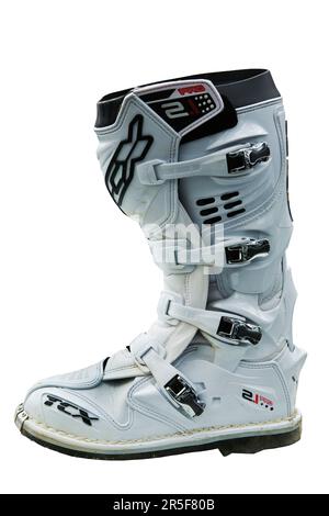 Motorrad Stiefel isoliert auf weiss Stockfoto