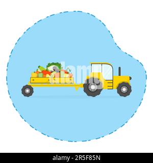 Vektordarstellung der landwirtschaftlichen Ernte. Landwirtschaftliche Zugmaschine mit Anhänger, Kohl, Pfeffer, Zucchini, Aubergine. Frisches, vom Hof geerntetes Gemüse. A Stock Vektor