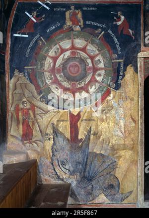 Fresco „Wheel of Life“, Rojdestvo Hristovo (Geburtskirche Christi), Dorf Arbanassi, Bezirk Veliko Tarnovo, Bulgarien Stockfoto