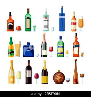 Alkoholische Getränke in Gläsern und Flaschen unterschiedlicher Form Stock Vektor