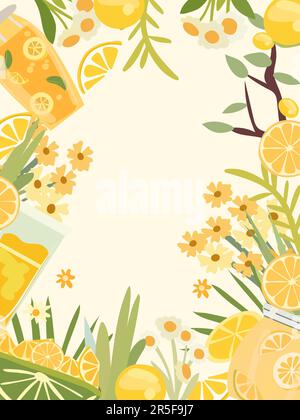 Leuchtende Illustration mit Limonade in einem Glas, Blumen, grünen Blättern usw. Sommergrußkarte für Poster, Karten, Logos, Banner. Vektordarstellung. Stock Vektor