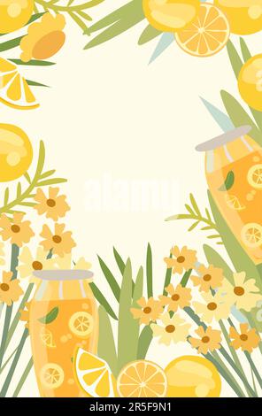 Leuchtende Illustration mit Limonade in einem Glas, Blumen, grünen Blättern usw. Sommergrußkarte für Poster, Karten, Logos, Banner. Vektordarstellung. Stock Vektor