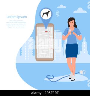 Vector Illustration Woman sucht den verlorenen Hund mit dem GPS-Tracker auf dem Handy. Handy mit Stadtplan zeigt die Bewegungen des Haustiers. Stock Vektor