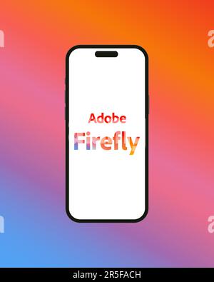 Kiew, Ukraine - 03. Juni 2022: Adobe Firefly-Logo auf dem iPhone 14-Bildschirm – Vektordarstellung. Adobe hat die Veröffentlichung seines AI Art Generator für angekündigt Stock Vektor
