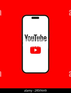 Kiew, Ukraine - 03. Juni 2022: Rotes YouTube-Logo auf dem iPhone 14-Bildschirm - Vektordarstellung. YouTube App von Google ist eine amerikanische Online-Video-Sharing-App, Stock Vektor