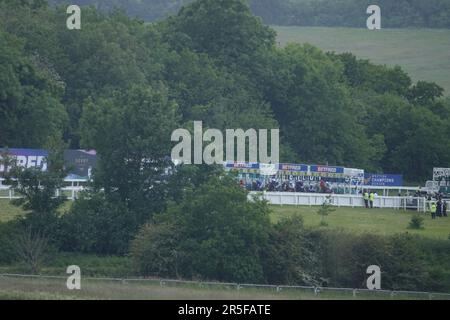 Epsom, Surrey, Großbritannien. 3. Juni 2023. Szenen am Derby Day, während des Betfred Derby Festivals, hier: Das Feld springt aus den Verkaufsständen zu Beginn des Betfred Derby Credit: Motofoto/Alamy Live News Stockfoto