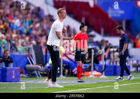 Eindhoven, Niederlande. 3. Juni 2023. Cheftrainer von Wolfsburg Tommy Stroot während des Fußballfinales der UEFA Womens Champions League zwischen dem FC Barcelona und dem VFL Wolfsburg im PSV-Stadion in Eindhoven, Niederlande. (Daniela Porcelli/SPP) Kredit: SPP Sport Press Photo. Alamy Live News Stockfoto