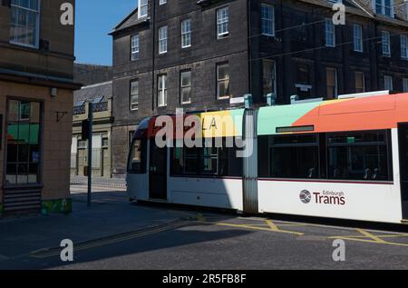 Edinburgh Scotland, Vereinigtes Königreich, 03. Juni 2023. Edinburgh Trams Route nach Newhaven, die ab dem 7. Juni 2023 öffentliche Passagiere aufnehmen soll. Live-Nachrichten von sst/alamy Stockfoto