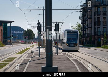 Edinburgh Scotland, Vereinigtes Königreich, 03. Juni 2023. Edinburgh Trams Route nach Newhaven, die ab dem 7. Juni 2023 öffentliche Passagiere aufnehmen soll. Live-Nachrichten von sst/alamy Stockfoto