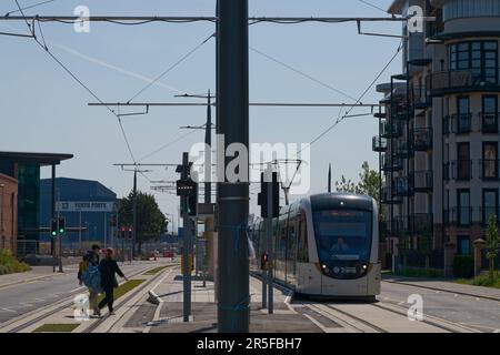 Edinburgh Scotland, Vereinigtes Königreich, 03. Juni 2023. Edinburgh Trams Route nach Newhaven, die ab dem 7. Juni 2023 öffentliche Passagiere aufnehmen soll. Live-Nachrichten von sst/alamy Stockfoto