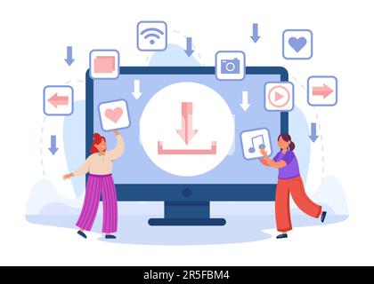 Menschen vor einem großen Computerbildschirm, die Dateien teilen Stock Vektor