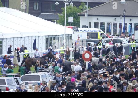 Epsom, Surrey, Großbritannien. 3. Juni 2023. Szenen am Derby Day, während des Betfred Derby Festivals, hier: Gewinner Auguste Rodin und Jockey Ryan Moore, umgeben von Fans und Kontakten nach dem Sieg des Betfred Derby. Kredit: Motofoto/Alamy Live News Stockfoto