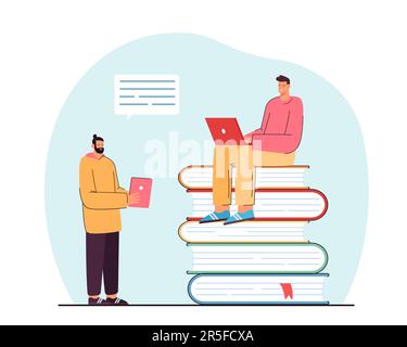 Mann sitzt auf Stapel Bücher mit laptop Stock Vektor