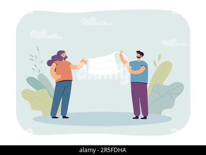 Winziger Mann und Frau, die eine Gesichtsmaske von beiden Seiten halten Stock Vektor