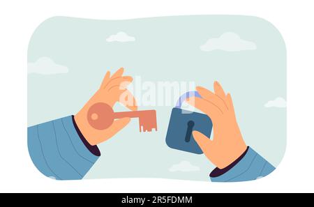 Zwei Hände halten Schloss und Schlüssel Stock Vektor