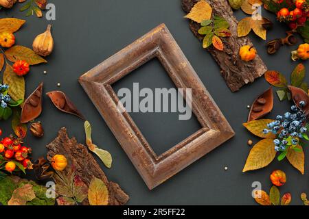 Herbst-Winter-Zusammensetzung mit getrockneten Blättern, Kürbissen, Baumrinde und Beeren auf dunklem Hintergrund. Rahmen aus Pflanzen. Flach liegend, Kopierbereich. Stockfoto