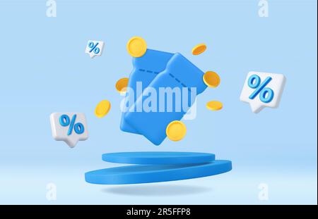 3D-Gutschein mit Münzen auf blauem Podiumhintergrund Stock Vektor