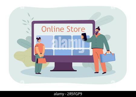 Cartoon-Vater und -Tochter kaufen im Online-Shop ein Stock Vektor