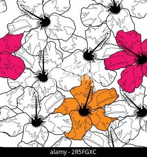 Nahtloses Schwarz-Weiß-Muster mit leuchtenden Hibiskusblumen Stock Vektor