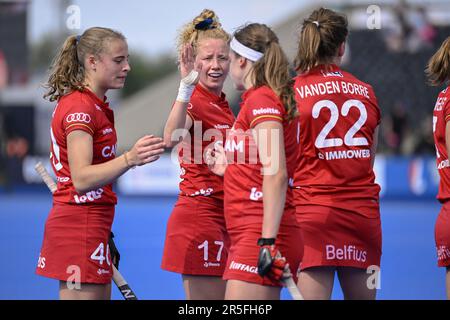 London, Großbritannien. 03. Juni 2023. Die belgische Michelle Struijk feiert nach dem Sieg eines Spiels zwischen China und den belgischen Red Panthers das Spiel 3 (von 12) in der Gruppenphase der Women's FIH Pro League 2023 am Samstag, den 03. Juni 2023 in London, Großbritannien. BELGA FOTO LAURIE DIEFFEMBACQ Kredit: Belga News Agency/Alamy Live News Stockfoto