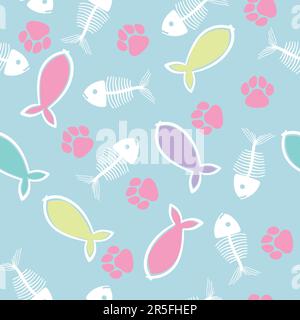 Katzenpfoten, Fische, Fischskelette sanfter blauer Hintergrund, nahtloses Muster Stock Vektor