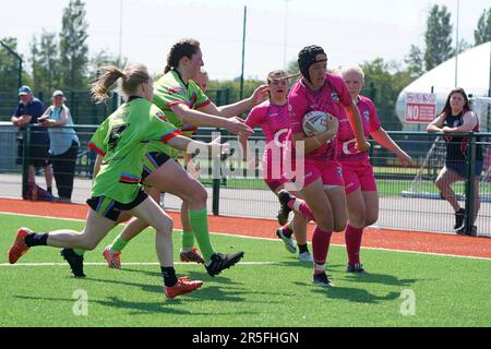 Cardiff, Wales, Großbritannien. 03. Juni 2023. Charlie Mundy geht zur Probierlinie für die Cardiff Demons Rugby League, 3. Juni 2023, Credit Alamy Live / Penallta Photographics Credit: Penallta Photographics/Alamy Live News Stockfoto