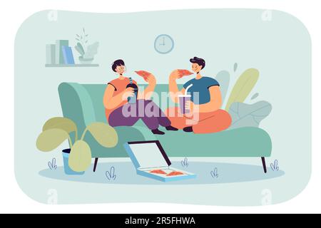 Glücklicher Cartoon-Freund und Freundin essen Pizza zusammen Stock Vektor