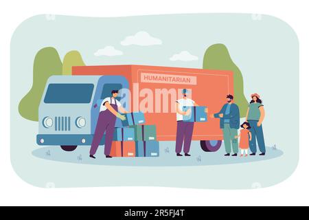Eine Gruppe von Cartoon-Freiwilligen, die Flüchtlingsfamilien Nahrungskartons geben Stock Vektor