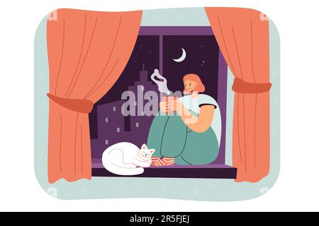 Weibliche Zeichentrickfigur, die mit Katze auf dem Fensterbrett sitzt Stock Vektor