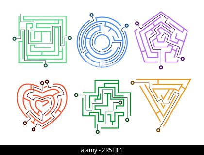 Labyrinthe mit verschiedenen ein- und Ausgängen, Wegbeschreibungen Stock Vektor