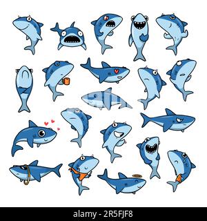 Süße Cartoon-Haie-Sticker-Set Stock Vektor