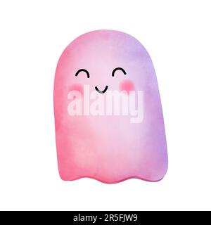 Aquarell pinkfarbener Geisterfilm für Babys. Halloween-pinke Geisterzeichnung isoliert auf weißem Hintergrund. Halloween-Geisterdekoration, Party-Einladung. Stockfoto
