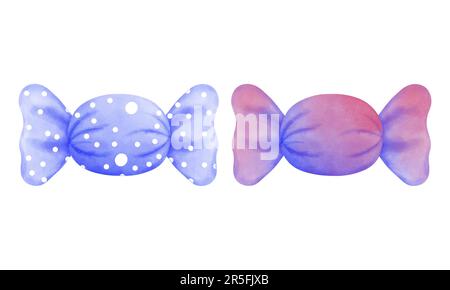 Set aus Aquarellrosa und blauen Süßigkeiten-Clipart. Handgezeichnete Aquarell-Süßigkeiten Illustration isoliert auf weißem Hintergrund. Halloween-Süßigkeiten, Weihnachts-Süßigkeiten Stockfoto