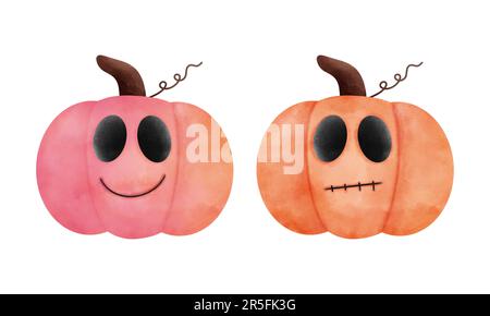 Aquarell halloween Kürbisse Set. Pinkfarbene und orangefarbene Kürbis-Illustration isoliert auf weißem Hintergrund. Happy halloween,Einladung,Begrüßung,Dekoration. Stockfoto