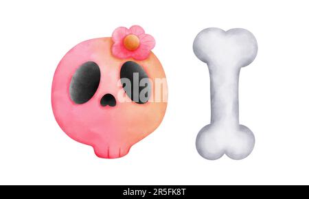Wasserfarbener, niedlicher Schädel mit pinkfarbenen Blumen- und Knochenbildern isoliert auf weißem Hintergrund. Alles gute zur dekoration der halloween-Elemente. Stockfoto