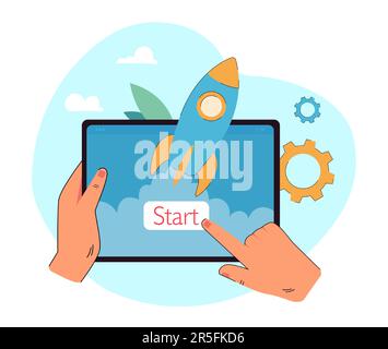 Hände halten die Tablette mit dem Zeigefinger, der auf die Start-Taste klickt Stock Vektor