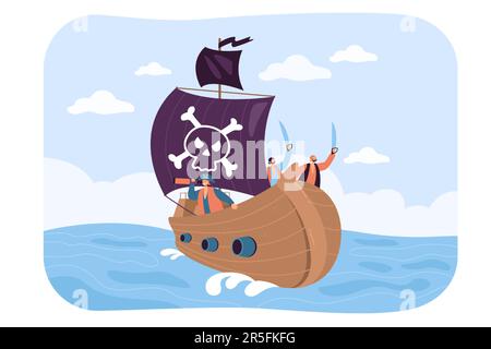 Piratencharaktere segeln auf dem Boot auf See Stock Vektor