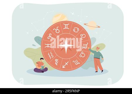 Winzige Personen und Horoskop-Kreis mit Zodiakzeichen Stock Vektor