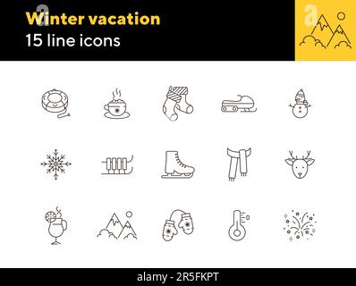 Winterurlaub Line Icon Set mit Weihnachtsstrumpf Stock Vektor