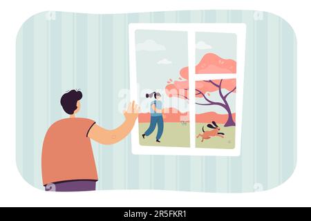 Der Cartoon-Junge vor dem Fenster winkt einem Freund draußen zu Stock Vektor