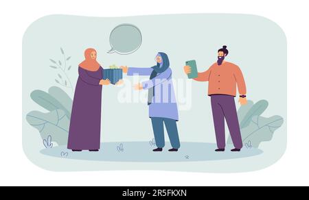 Ein Mann fotografiert eine Araberin, die ihrer Mutter eine Geschenkbox schenkt Stock Vektor