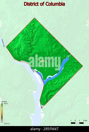 Die Karte des District of Columbia zeigt ein abwechslungsreiches Gelände mit sanften Hügeln, fruchtbaren Flusstälern und dichten Wäldern. Stockfoto