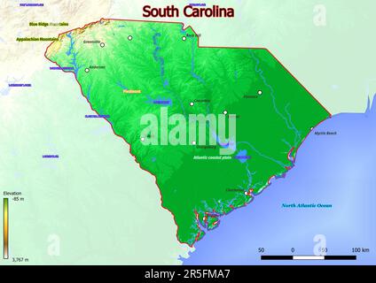 Physische Karte von South Carolina mit Bergen, Ebenen, Brücken, Flüssen, Seen, Berge, Städte Stockfoto
