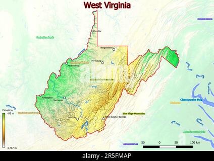 Physische Karte von West Virginia mit Bergen, Ebenen, Brücken, Flüssen, Seen, Berge, Städte Stockfoto