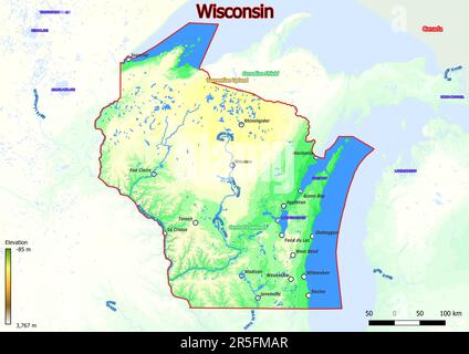 Physische Karte von Wisconsin mit Bergen, Ebenen, Brücken, Flüssen, Seen, Berge, Städte Stockfoto