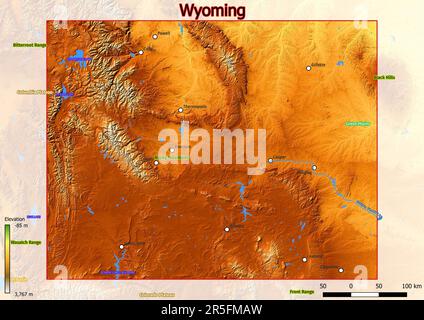 Physische Karte von Wyoming mit Bergen, Ebenen, Brücken, Flüssen, Seen, Berge, Städte Stockfoto