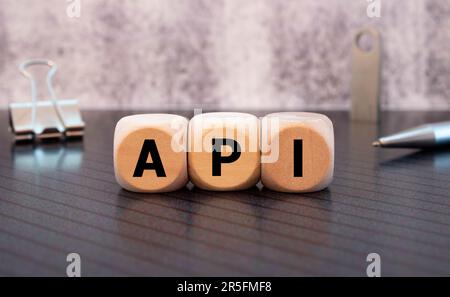 API-Holz blockiert Wörter auf grauem Hintergrund. API – Anwendungsprogrammierschnittstelle, Informationskonzepte. Stockfoto