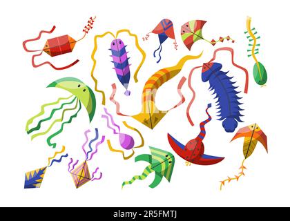 Fliegende Winddrachen mit Geschichten, Bändern und Ornamenten Stock Vektor